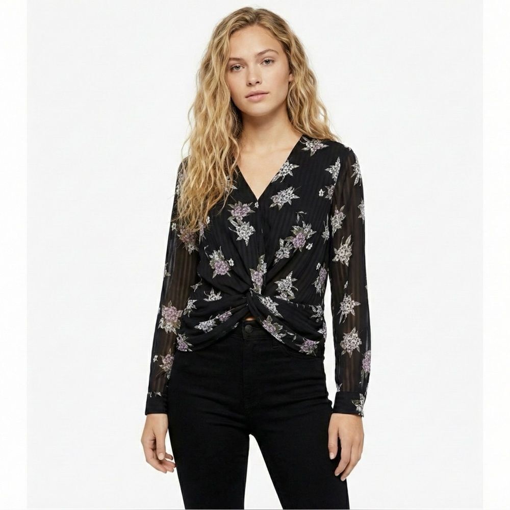 Heartloom Camille Black Floral Twist Front V-Neck Blouse XS NWT Long Sleeve Boho